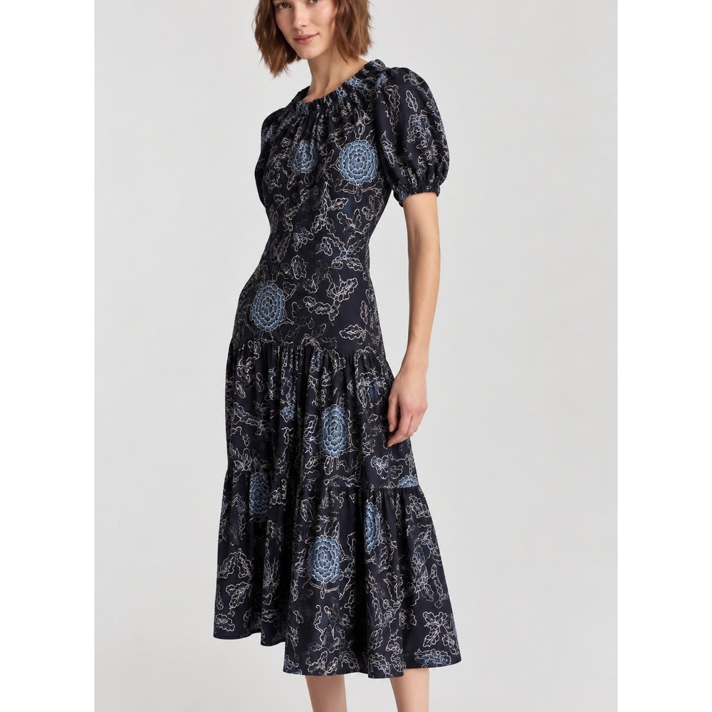Charlotte Brody New York 100% Silk Floral Puff Sleeve Tiered Midi Dress Navy